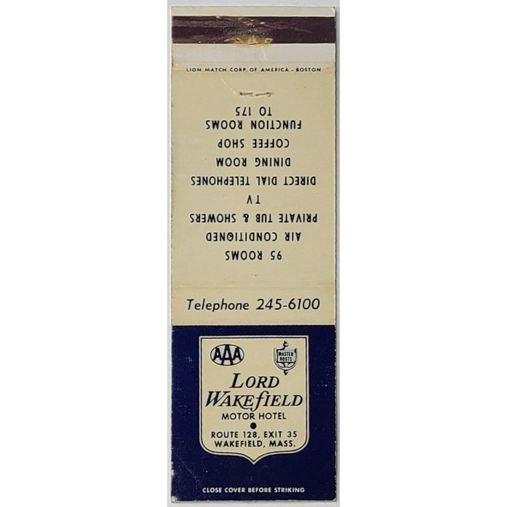 Vintage Front Strike Matchbook Cover Lord Wakefield Motor Hotel MA